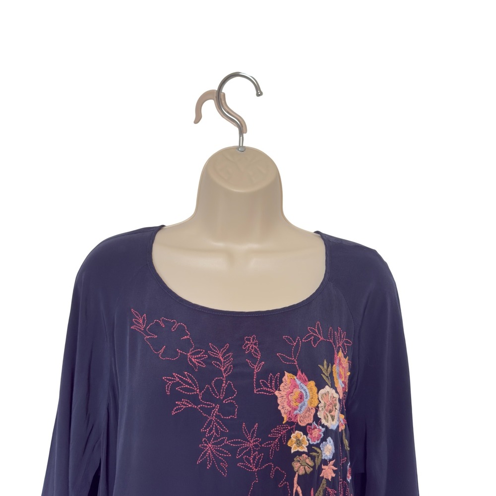 J. Jill Large Navy Multicolor Embroidered Floral Blouse Cottagecore Whimsigoth - Picture 5 of 7